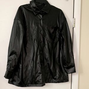 Oversized Black Faux Leather Button Down